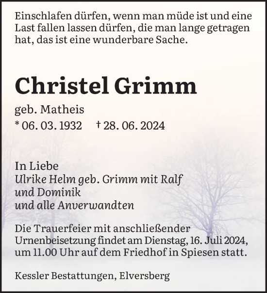 Traueranzeige von Christel Grimm von saarbruecker_zeitung