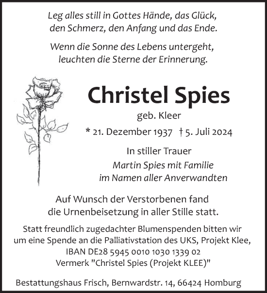 Traueranzeige von Christel Spies von saarbruecker_zeitung