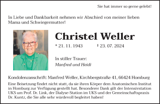Traueranzeige von Christel Weller von saarbruecker_zeitung