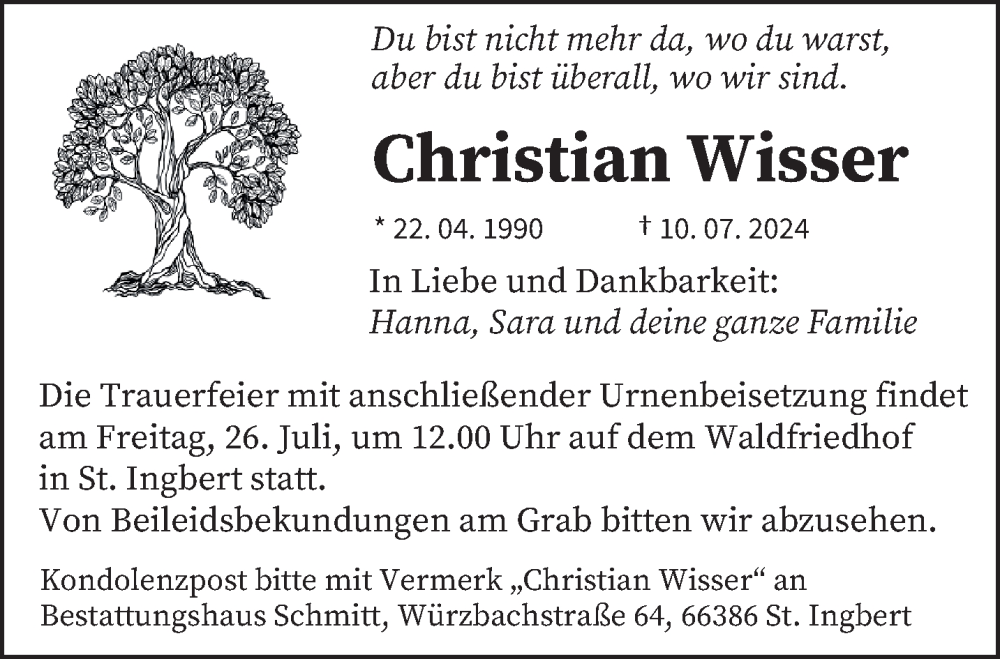  Traueranzeige für Christian Wisser vom 20.07.2024 aus saarbruecker_zeitung