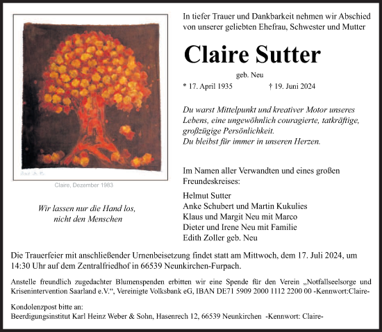 Traueranzeige von Claire Sutter von saarbruecker_zeitung
