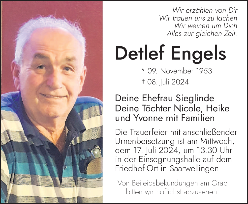  Traueranzeige für Detlef Engels vom 13.07.2024 aus saarbruecker_zeitung
