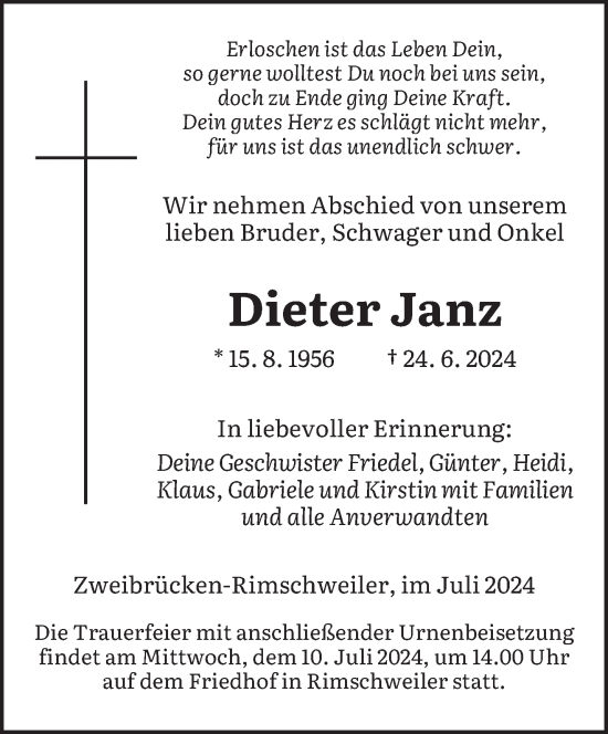 Traueranzeige von Dieter Janz von saarbruecker_zeitung