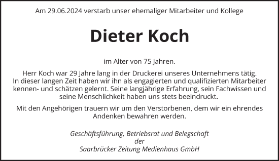 Traueranzeige von Dieter Koch von saarbruecker_zeitung