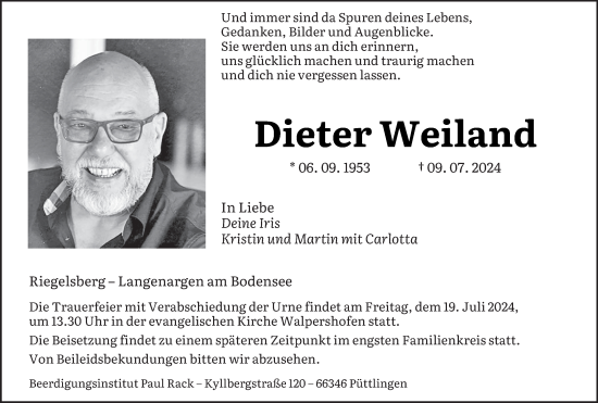 Traueranzeige von Dieter Weiland von saarbruecker_zeitung