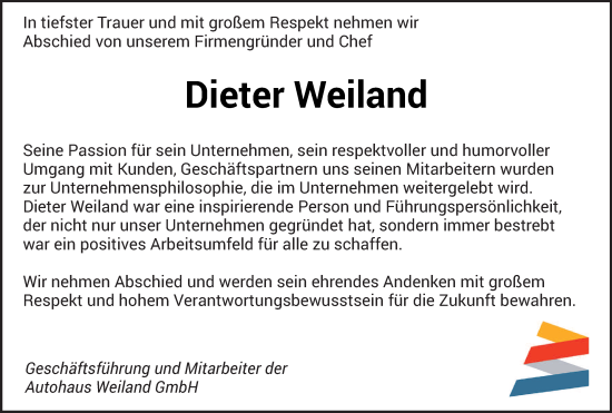 Traueranzeige von Dieter Weiland von saarbruecker_zeitung