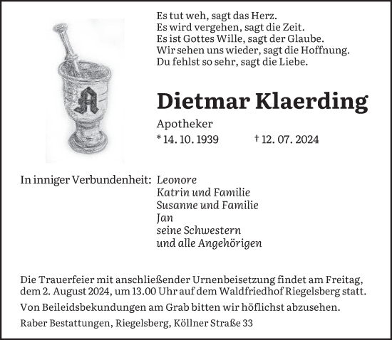 Traueranzeige von Dietmar Klaerding von saarbruecker_zeitung