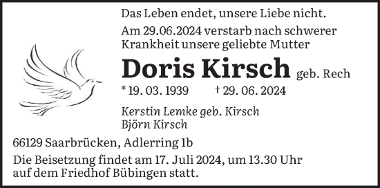 Traueranzeige von Doris Kirsch von saarbruecker_zeitung