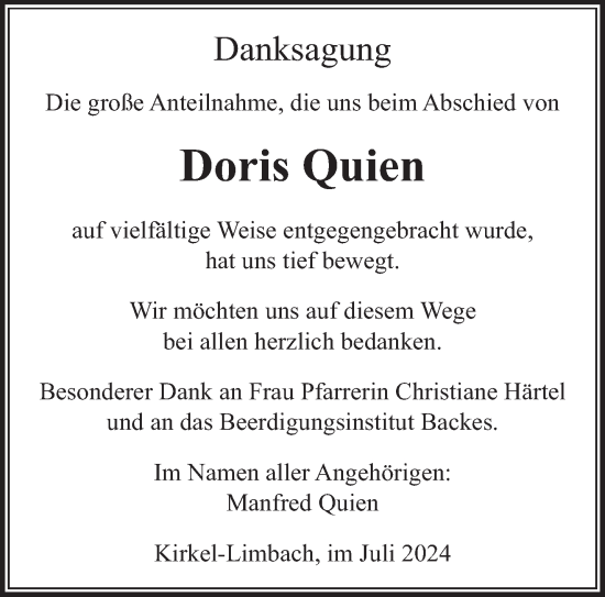 Traueranzeige von Doris Quien von saarbruecker_zeitung