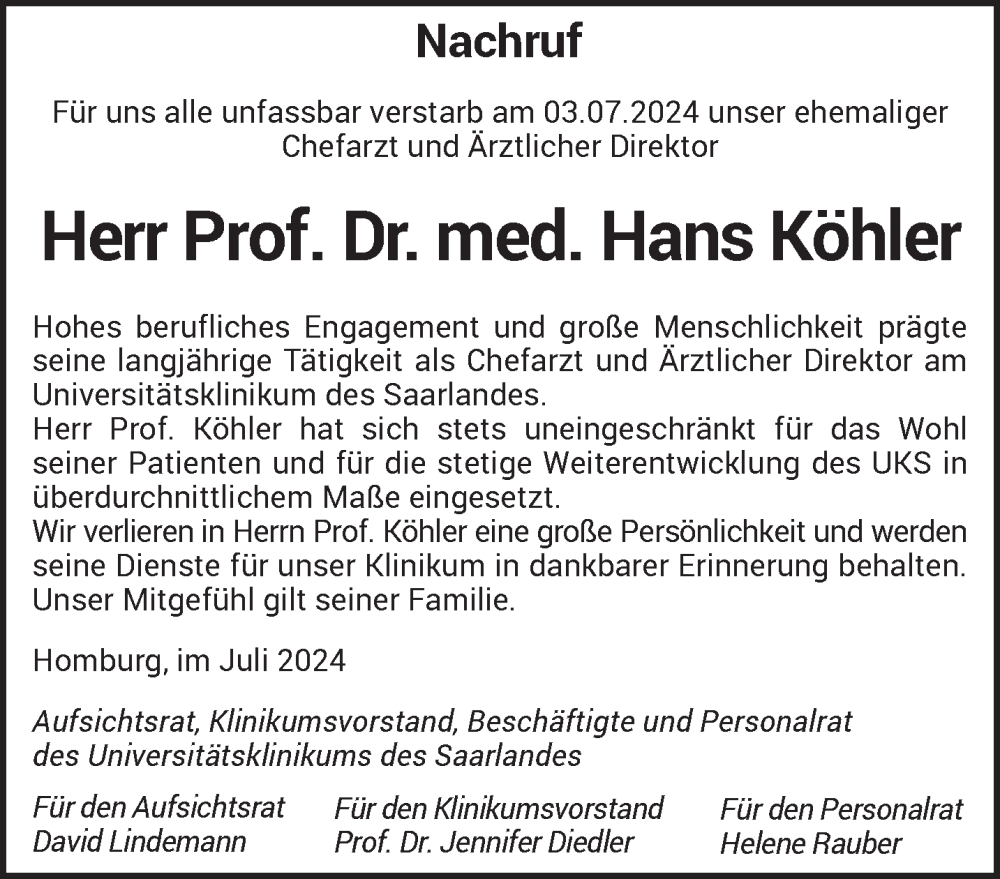  Traueranzeige für Hans Köhler vom 13.07.2024 aus saarbruecker_zeitung