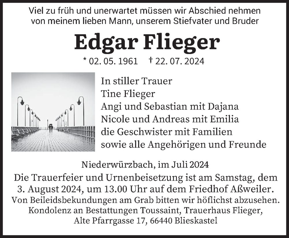  Traueranzeige für Edgar Flieger vom 27.07.2024 aus saarbruecker_zeitung