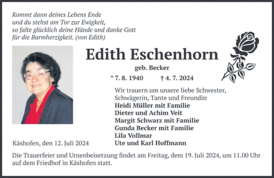 Traueranzeige von Edith Eschenhorn von saarbruecker_zeitung