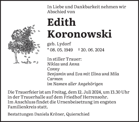 Traueranzeige von Edith Koronowski von saarbruecker_zeitung