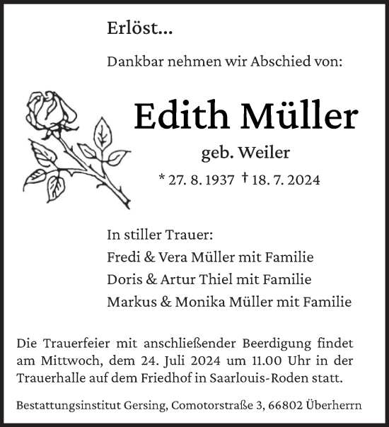 Traueranzeige von Edith Müller von saarbruecker_zeitung