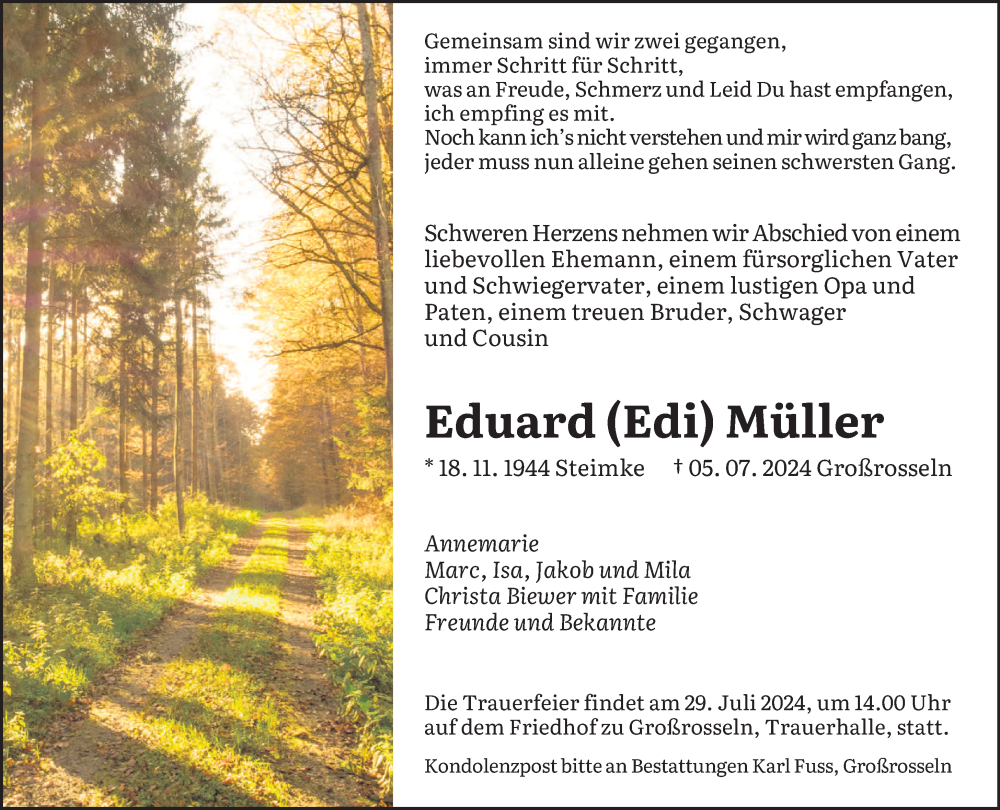  Traueranzeige für Eduard Müller vom 20.07.2024 aus saarbruecker_zeitung