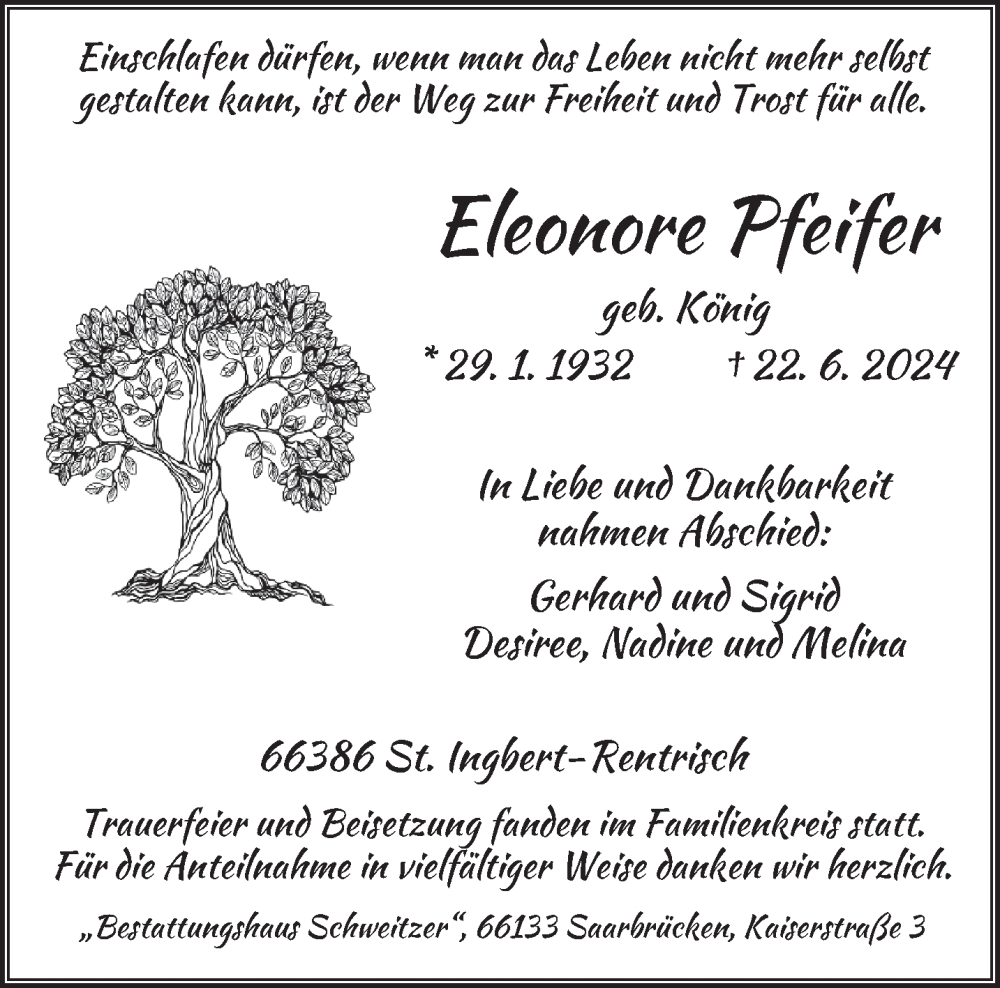  Traueranzeige für Eleonore Pfeifer vom 13.07.2024 aus saarbruecker_zeitung