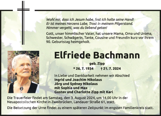 Traueranzeige von Elfriede Bachmann von saarbruecker_zeitung