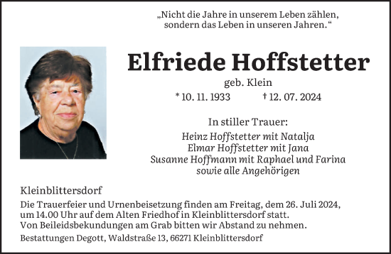 Traueranzeige von Elfriede Hoffstetter von saarbruecker_zeitung