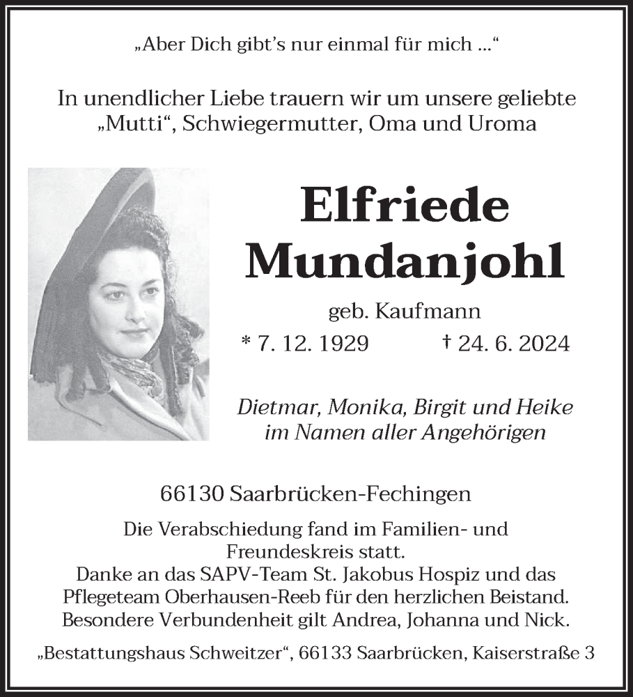  Traueranzeige für Elfriede Mundanjohl vom 13.07.2024 aus saarbruecker_zeitung