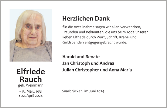 Traueranzeige von Elfriede Rauch von saarbruecker_zeitung
