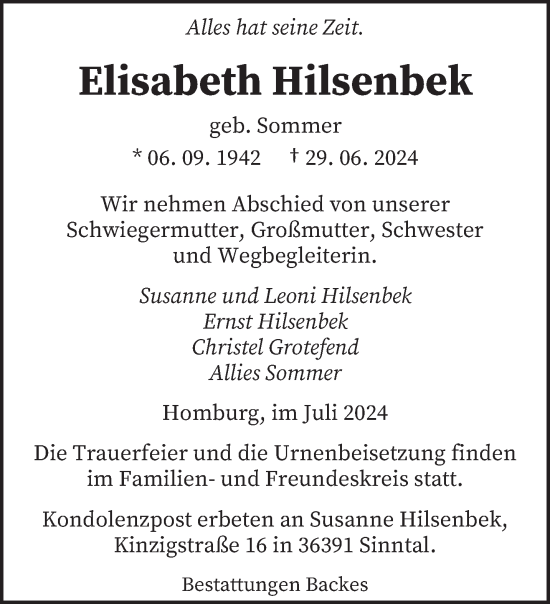 Traueranzeige von Elisabeth Hilsenbek von saarbruecker_zeitung
