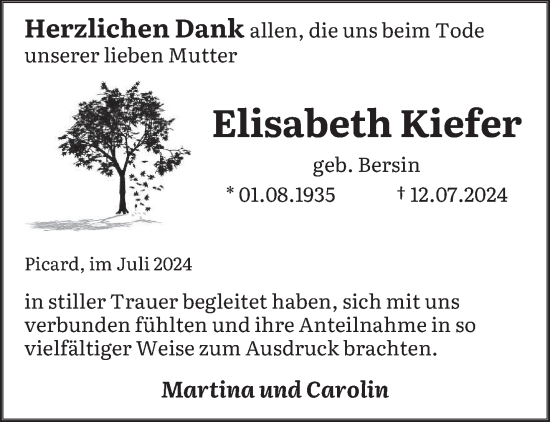 Traueranzeige von Elisabeth Kiefer von saarbruecker_zeitung