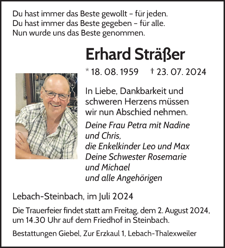  Traueranzeige für Erhard Sträßer vom 27.07.2024 aus saarbruecker_zeitung