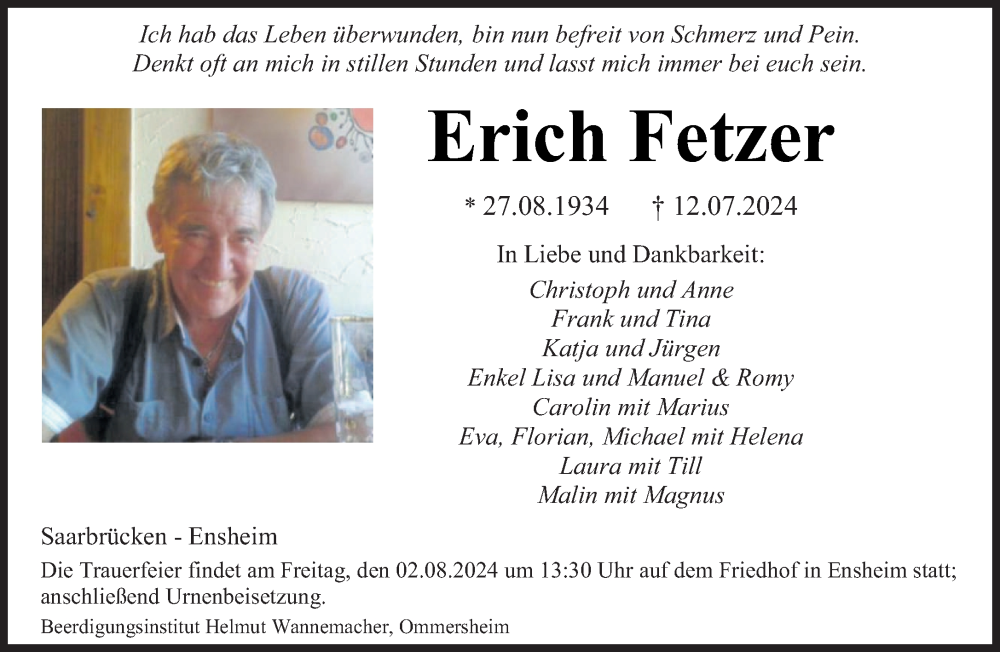  Traueranzeige für Erich Fetzer vom 20.07.2024 aus saarbruecker_zeitung