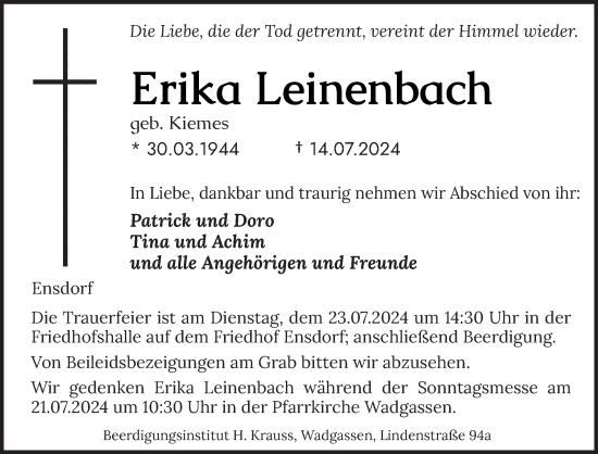 Traueranzeige von Erika Leinenbach von saarbruecker_zeitung