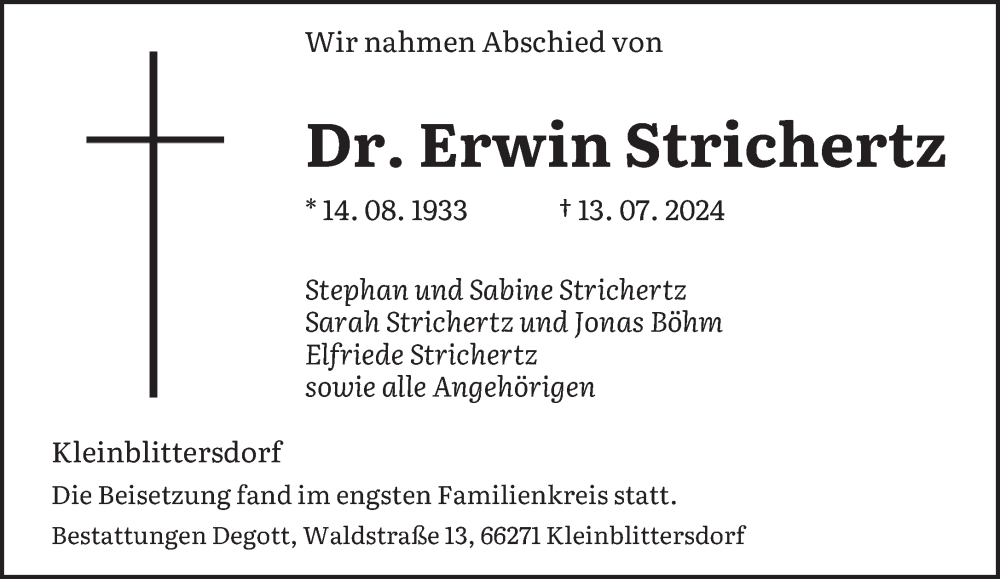  Traueranzeige für Erwin Strichertz vom 27.07.2024 aus saarbruecker_zeitung