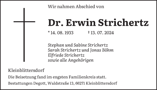 Traueranzeige von Erwin Strichertz von saarbruecker_zeitung