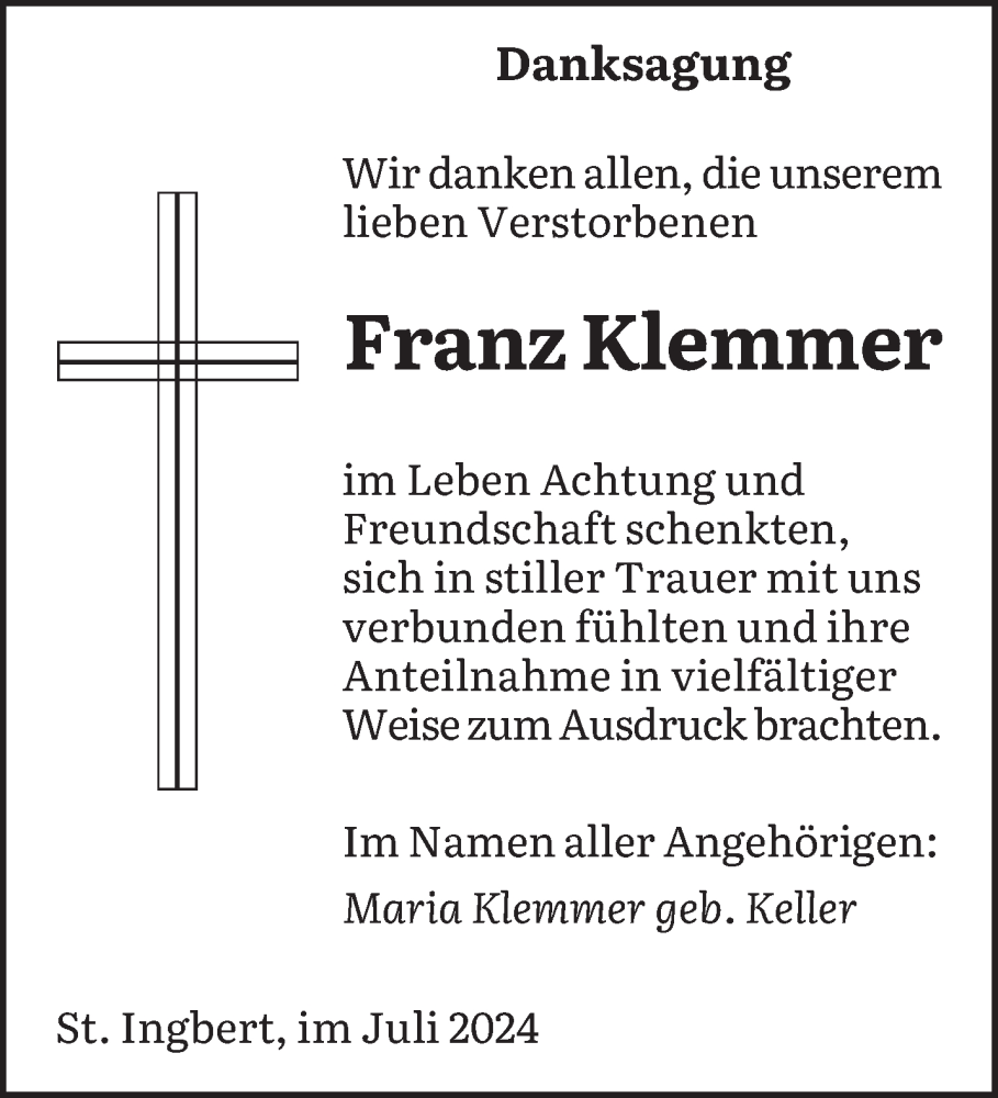  Traueranzeige für Franz Klemmer vom 06.07.2024 aus saarbruecker_zeitung