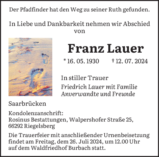 Traueranzeige von Franz Lauer von saarbruecker_zeitung