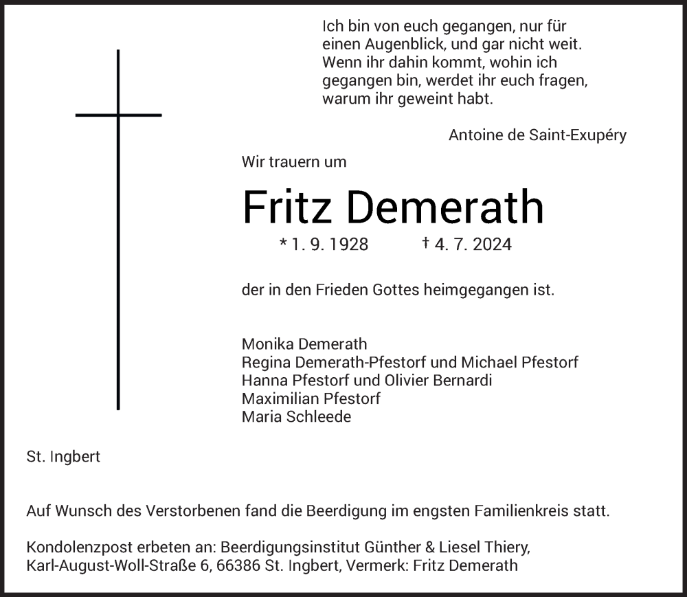  Traueranzeige für Fritz Demerath vom 13.07.2024 aus saarbruecker_zeitung