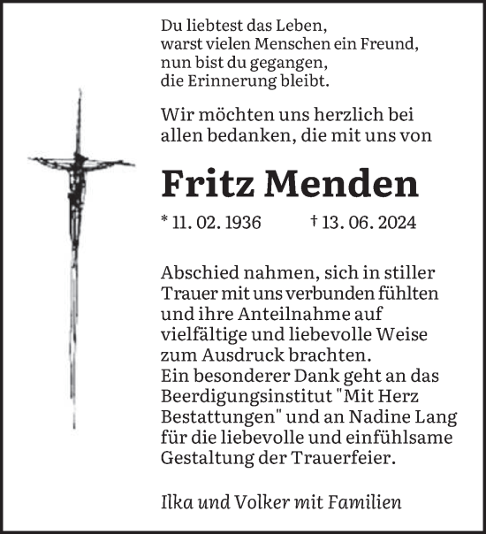 Traueranzeige von Fritz Menden von saarbruecker_zeitung