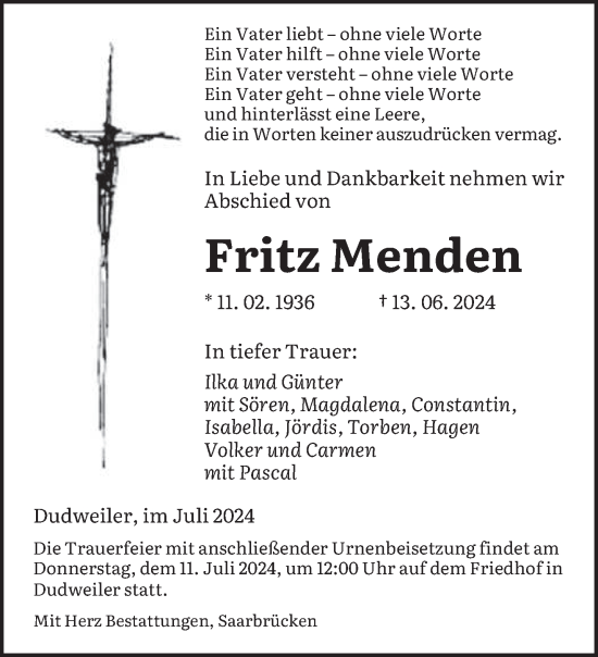 Traueranzeige von Fritz Menden von saarbruecker_zeitung