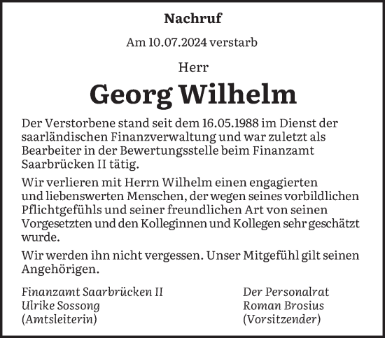 Traueranzeige von Georg Wilhelm von saarbruecker_zeitung