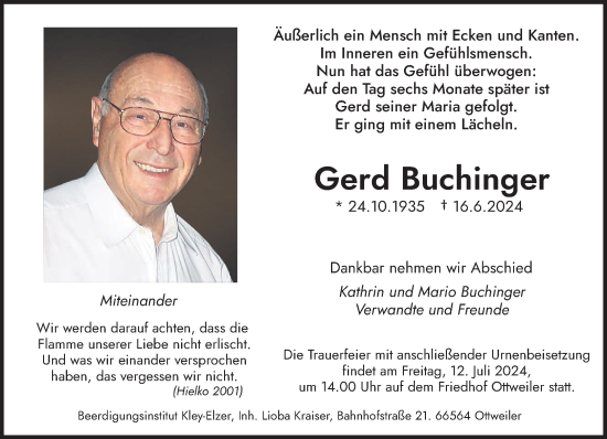 Traueranzeige von Gerd Buchinger von saarbruecker_zeitung