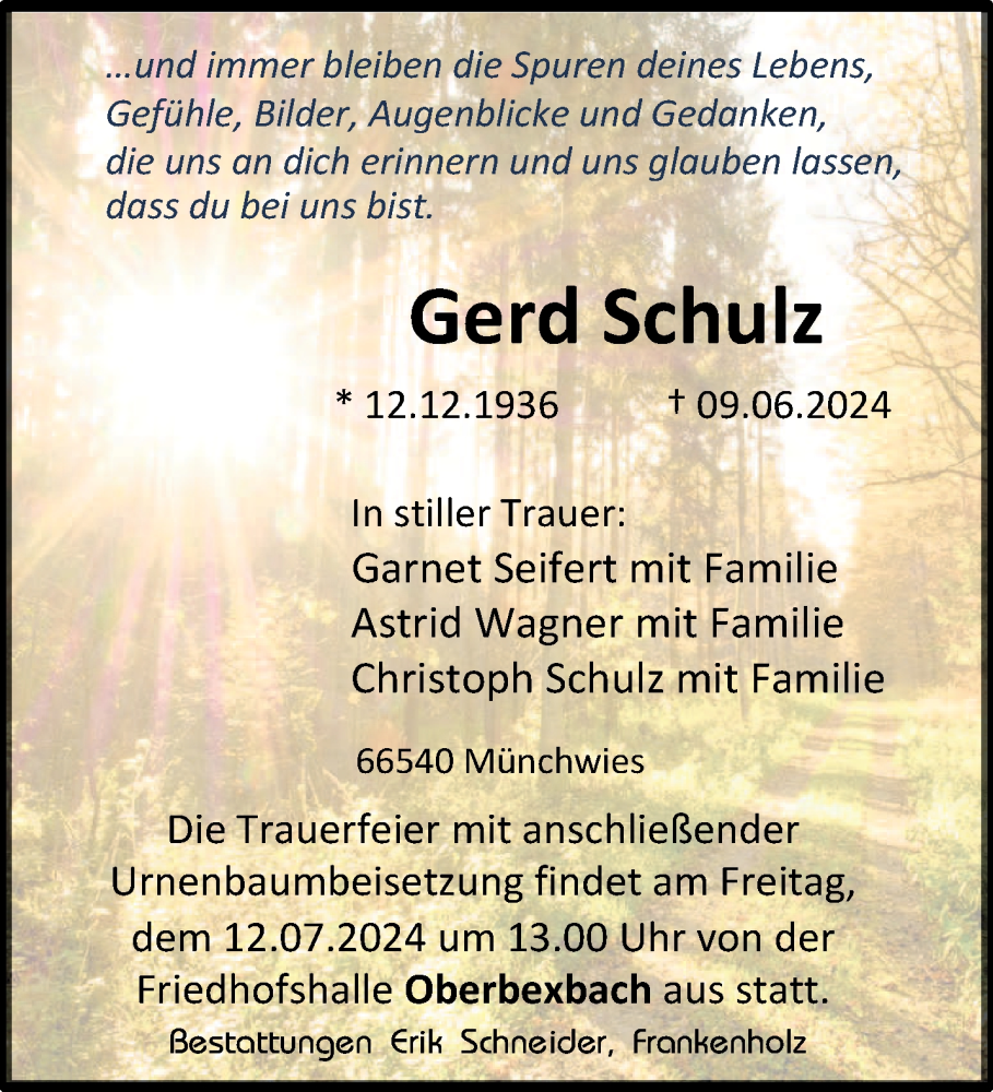  Traueranzeige für Gerd Schulz vom 06.07.2024 aus saarbruecker_zeitung