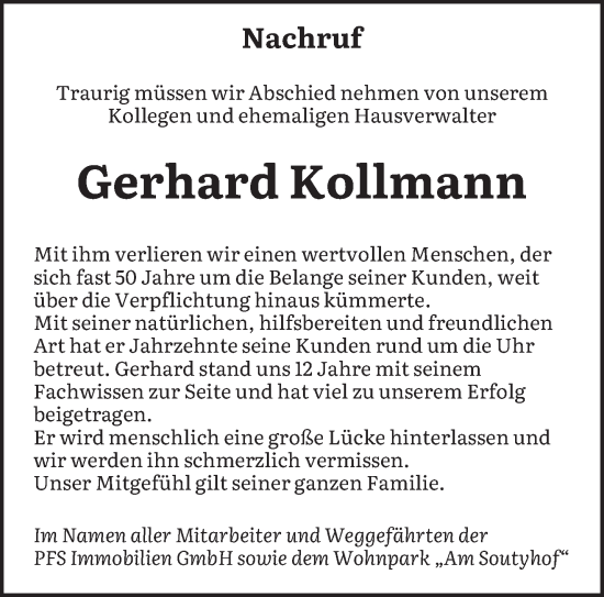 Traueranzeige von Gerhard Kollmann von saarbruecker_zeitung