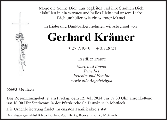 Traueranzeige von Gerhard Krämer von saarbruecker_zeitung