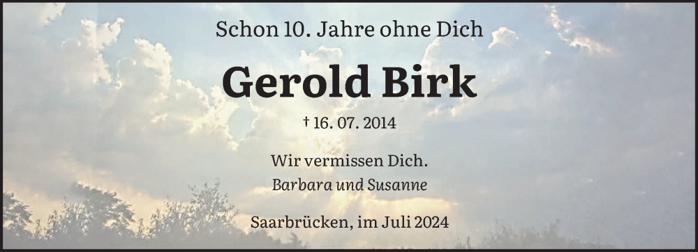  Traueranzeige für Gerold Birk vom 13.07.2024 aus saarbruecker_zeitung