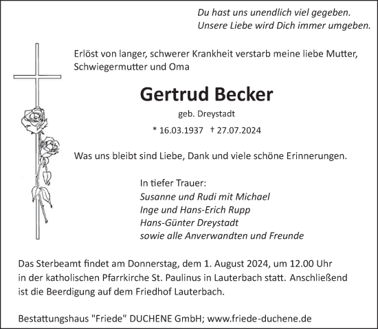 Traueranzeige von Gertrud Becker von saarbruecker_zeitung