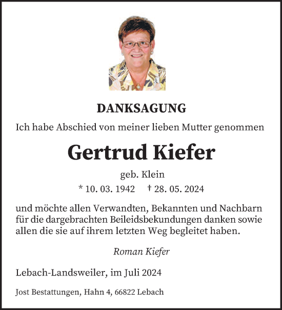 Traueranzeige von Gertrud Kiefer von saarbruecker_zeitung