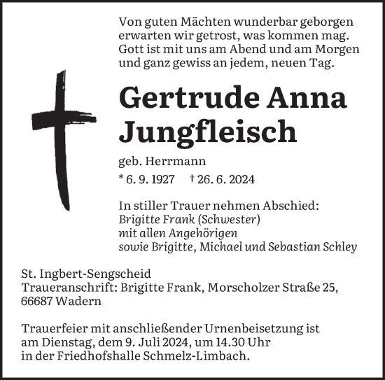 Traueranzeige von Gertrude Anna Jungfleisch von saarbruecker_zeitung