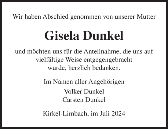 Traueranzeige von Gisela Dunkel von saarbruecker_zeitung