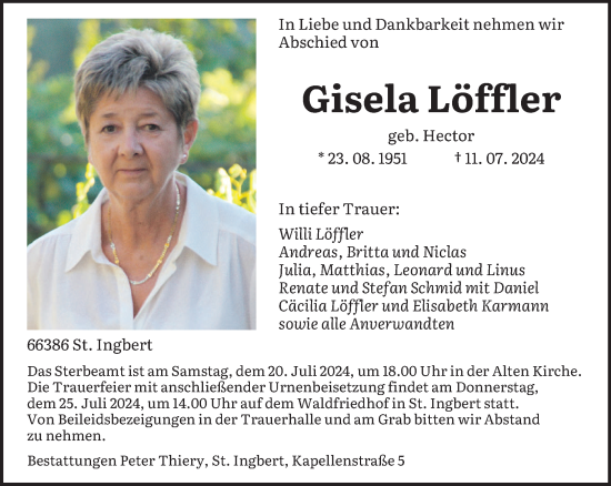 Traueranzeige von Gisela Löffler von saarbruecker_zeitung