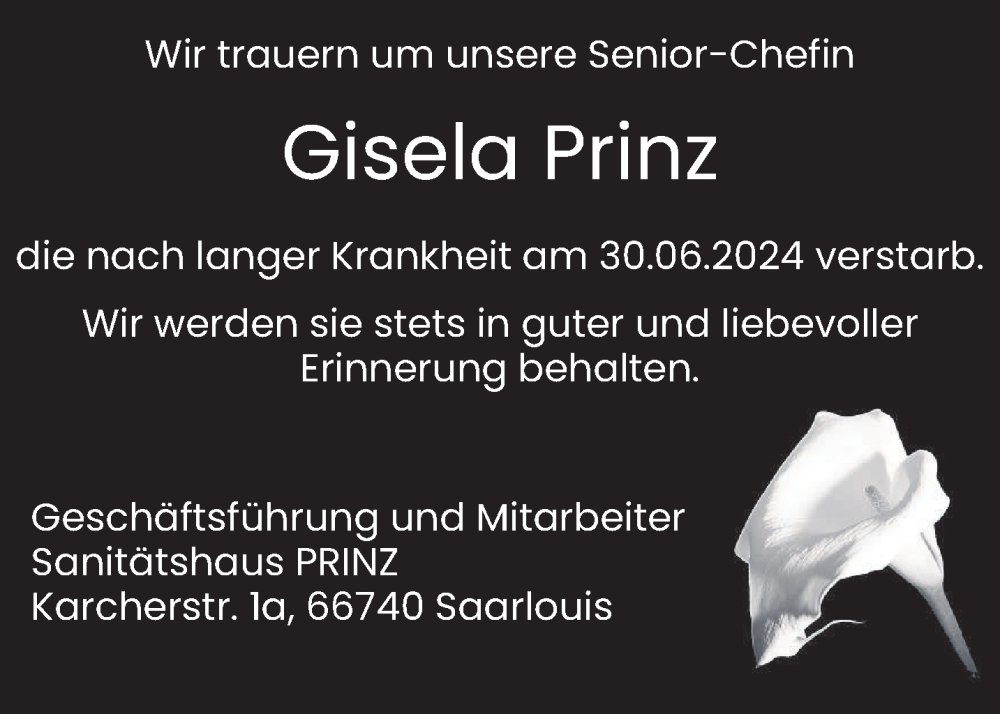  Traueranzeige für Gisela Prinz vom 06.07.2024 aus saarbruecker_zeitung