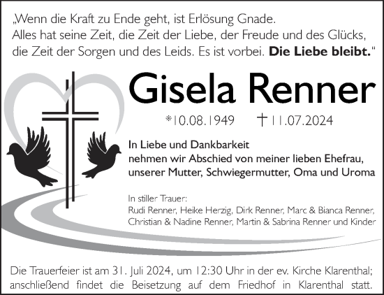Traueranzeige von Gisela Renner von saarbruecker_zeitung