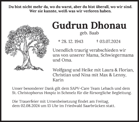 Traueranzeige von Gudrun Dhonau von saarbruecker_zeitung